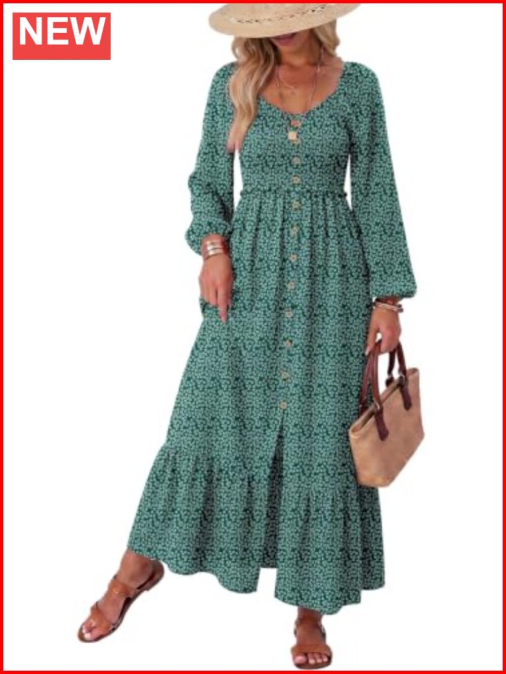 Boho Floral Maxi Dress Smocked Empire Waist Square Neck Long Sleeve Button Front